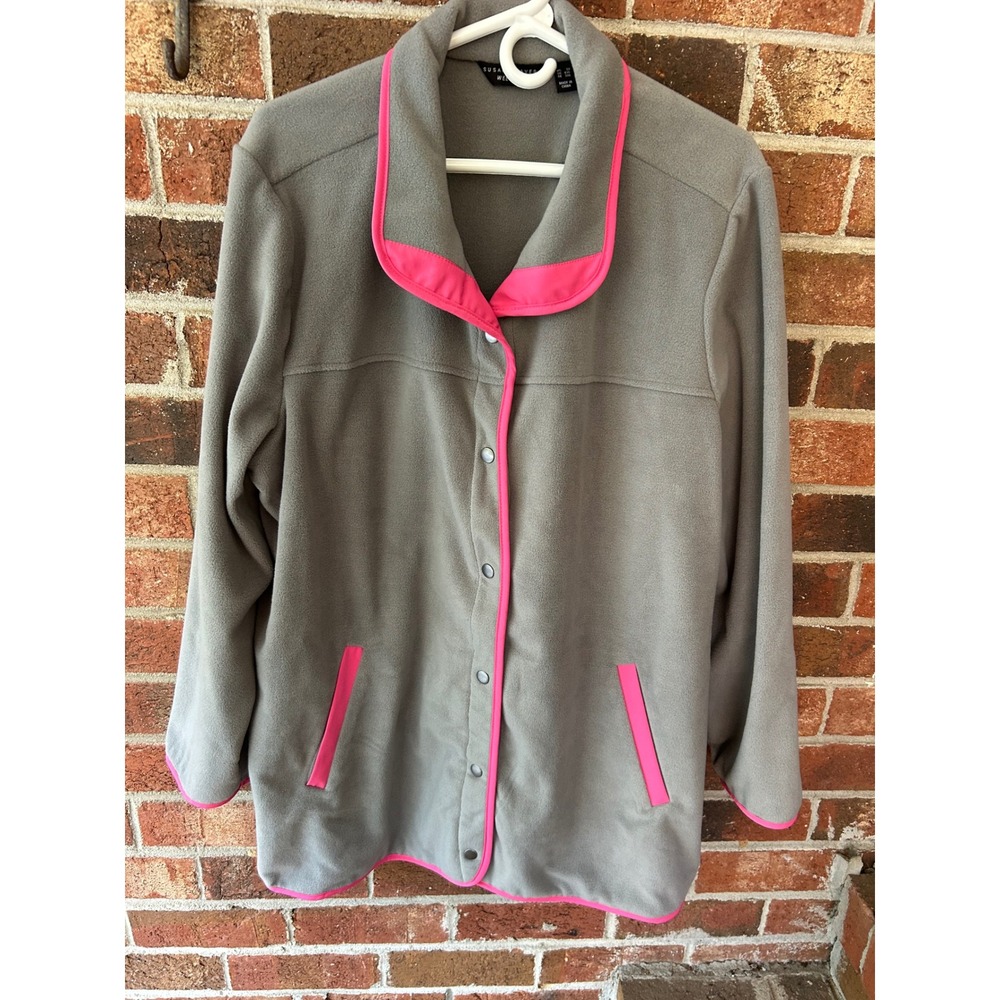 Susan Graver Weekend Gray Fleece Snap Front Jacket Neon Pink Trim Plus 3X